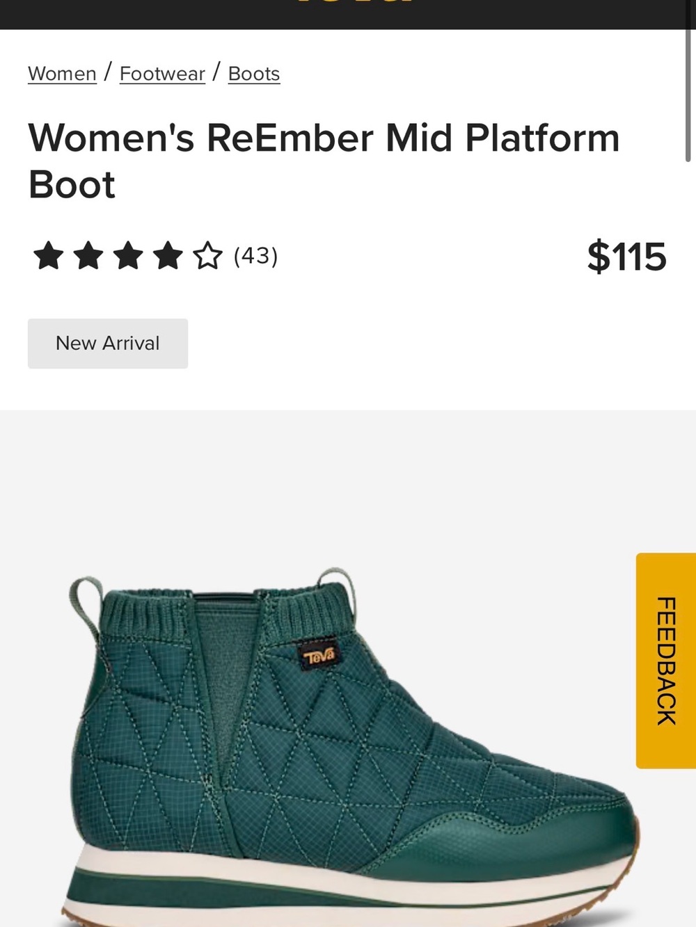 Teva Quilted Mid-Platform Ankle Boot in Teal